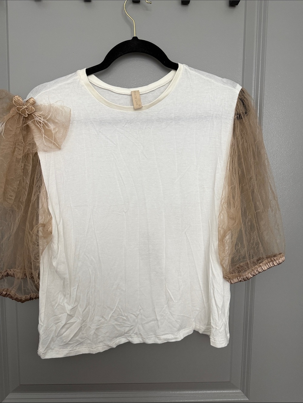 Women's White Tee with Sheer Tan Puff Sleeves
